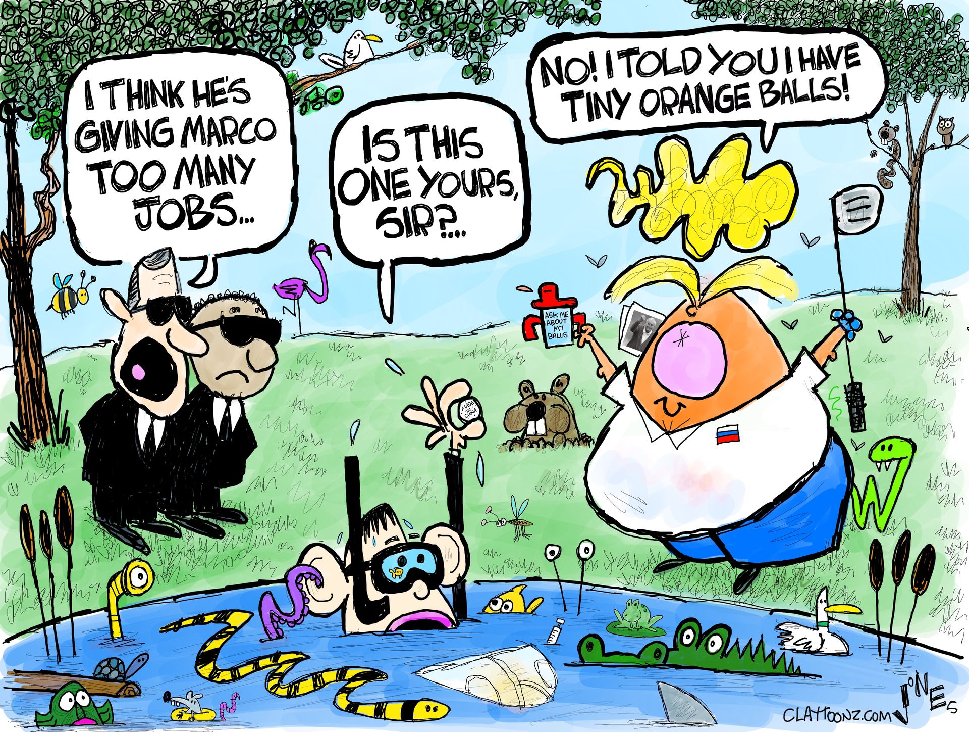 
                                This comically political cartoon depicts a scene on a golf course with secret service agents, Marco Rubio, and Donald Trump. One Secret Service agent says to the other, &quot;I think he&#039;s giving Marco too many jobs.&quot; Meanwhile, Rubio wears a mask and snorkel as he emerges from a snake and alligator-filled pond holding a golf ball. He says to Trump, &quot;Is this one yours, sir?&quot; Trump responds, &quot;NO! I TOLD YOU I HAVE TINY ORANGE BALLS.&quot; 
                            