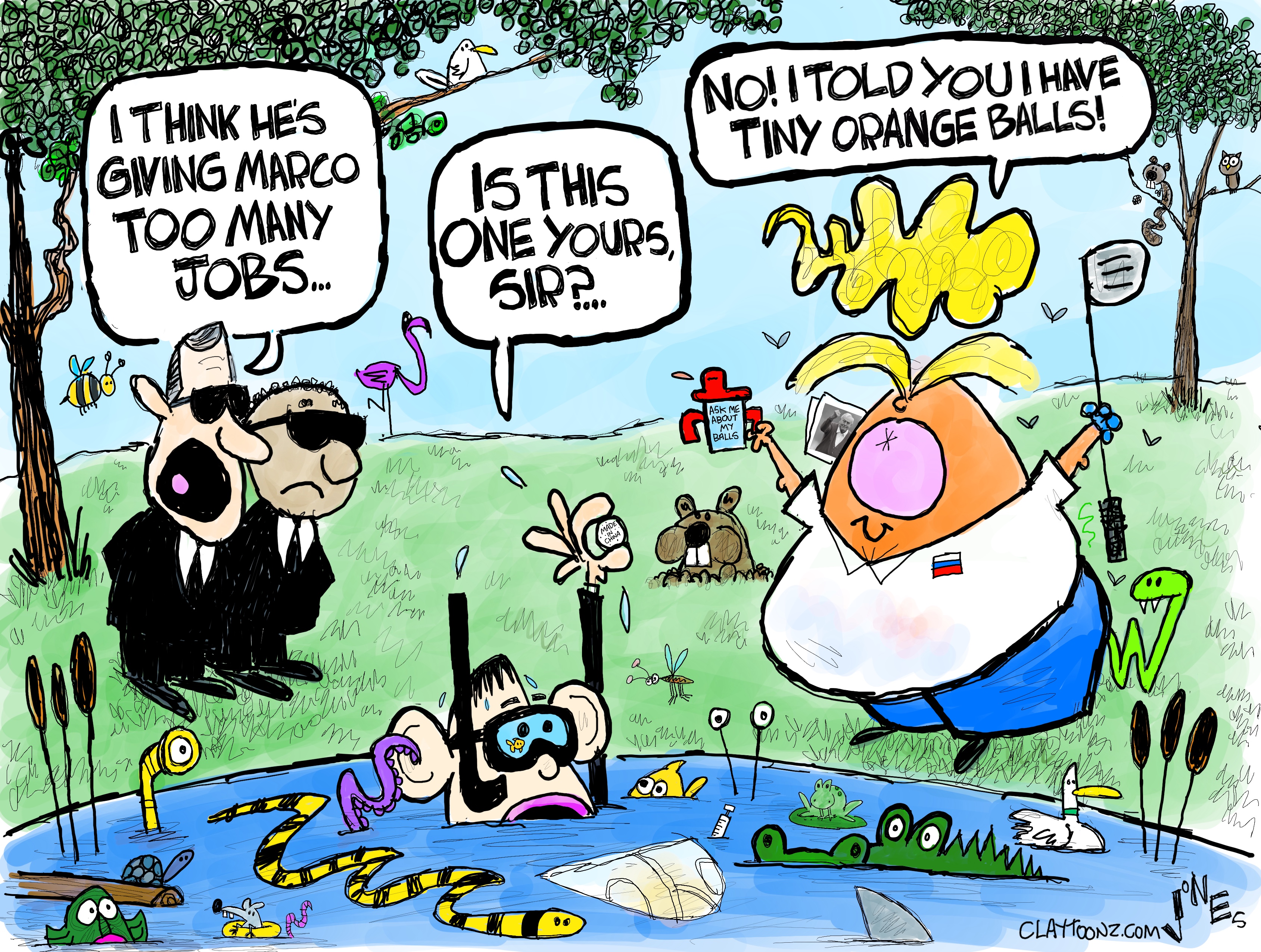 This comically political cartoon depicts a scene on a golf course with secret service agents, Marco Rubio, and Donald Trump. One Secret Service agent says to the other, "I think he's giving Marco too many jobs." Meanwhile, Rubio wears a mask and snorkel as he emerges from a snake and alligator-filled pond holding a golf ball. He says to Trump, "Is this one yours, sir?" Trump responds, "NO! I TOLD YOU I HAVE TINY ORANGE BALLS."