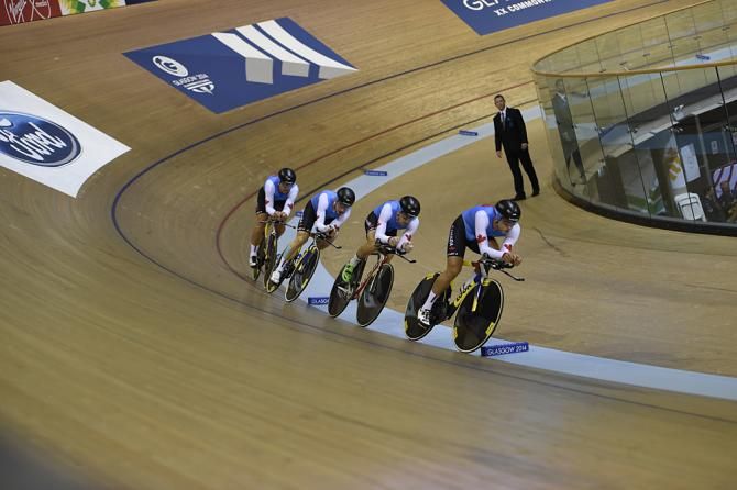 Canada places 4th in the men's team pursuit with Zach Bell, Aidan Caves, Remi Pelletier-Roy and Ed Veal