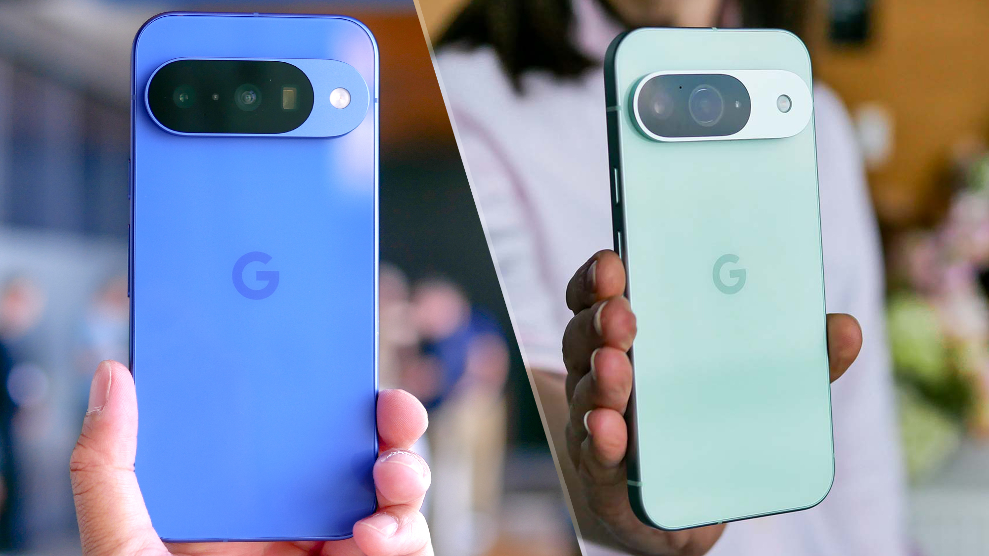 Pixel 10 and Pixel 9 held in different hands