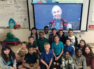 Students at the School District of Palm Beach County video conference Jane Goodall through the SMART Board.