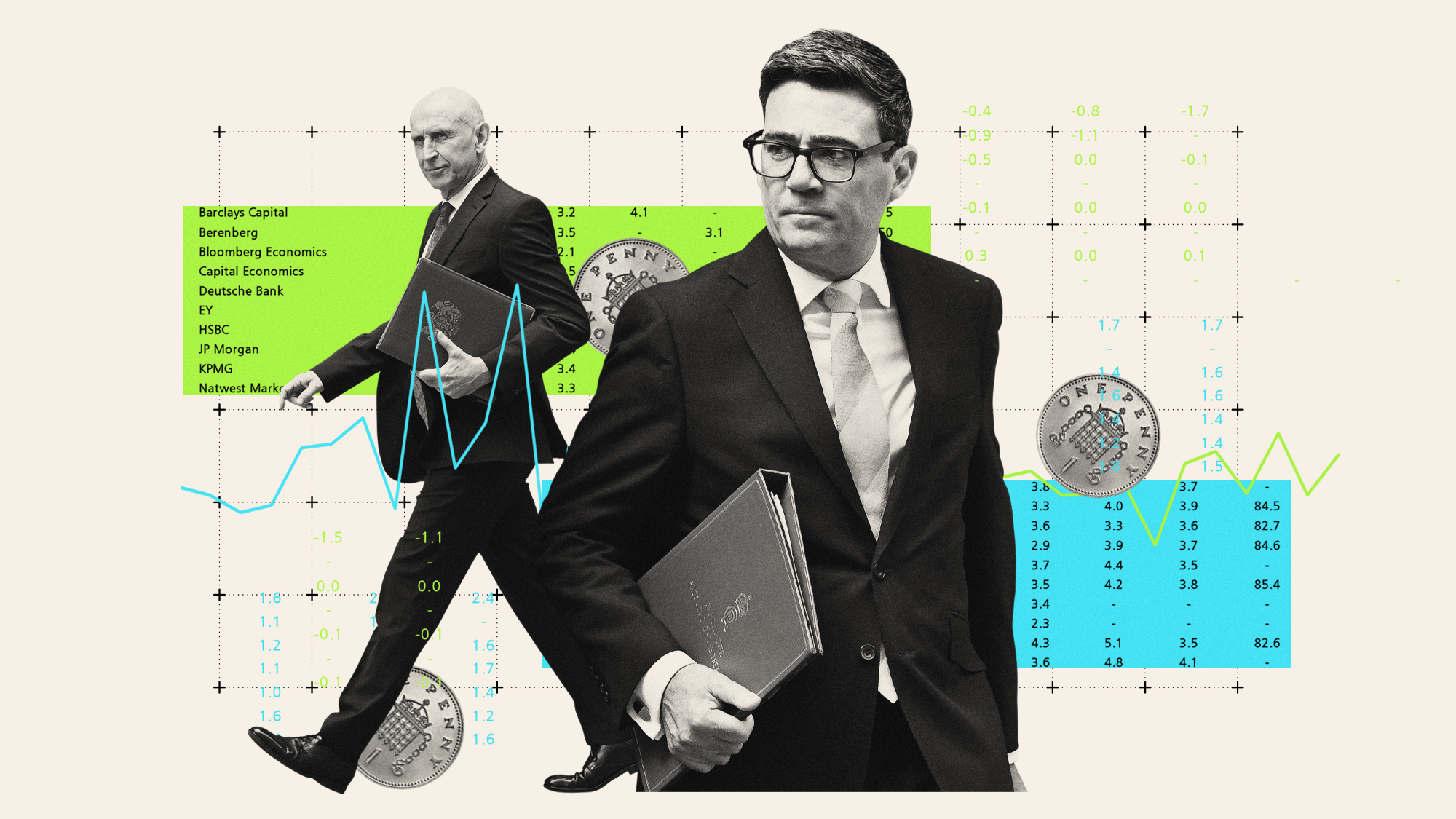 Photo collage illustration of Andy Burnham, John Healey and economic datasets