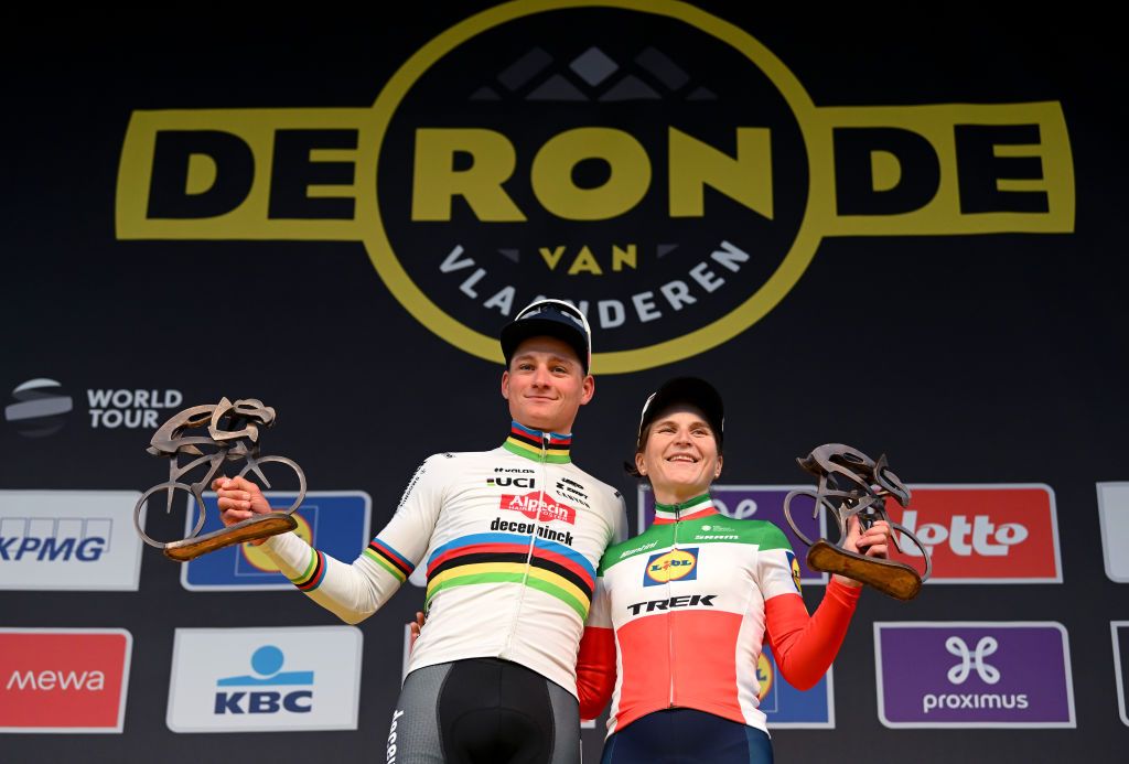 OUDENAARDE BELGIUM MARCH 31 Mens race winner Mathieu van der Poel of The Netherlands and Team Alpecin Deceuninck and womens race winner Elisa Longo Borghini of Italy and Team Lidl Trek celebrates at podium during the 21st Ronde van Vlaanderen Tour des Flandres 2024 Womens Elite a 163km one day race from Oudenaarde to Oudenaarde UCIWWT on March 31 2024 in Oudenaarde Belgium Photo by Dario BelingheriGetty Images