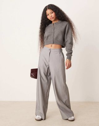 Asos Design Petite Tailored Wide Leg Dad Trousers in Grey