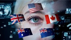 A women eye in the background with the UK, US, Canada, Australian and NZ flag as the symbol of the Five-eyes agreement