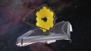 An artist's impression of the James Webb Space Telescope. It's golden mirror is seen atop its silvery sunshield floating in space.