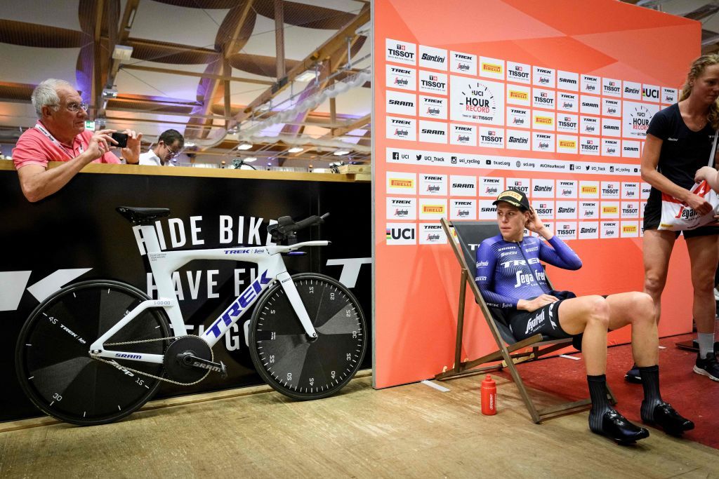 Dutch rider Ellen Van Dijk looks at her bike after breaking the Hour Record in the Velodrome Suisse an indoor velodrome in Grenchen northern Switzerland on May 23 2022 Van Dijk broke the record with a new distance of 49254 km Photo by GABRIEL MONNET AFP Photo by GABRIEL MONNETAFP via Getty Images