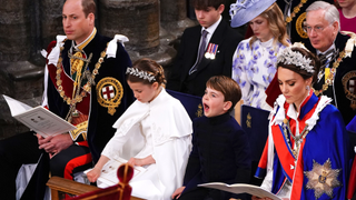 Britain's Prince William, Prince of Wales, Princess Charlotte, Prince Louis and Britain's Catherine, Princess of Wales attend the coronations of Britain's King Charles III and Britain's Camilla, Queen Consort at Westminster Abbey in central London on May 6, 2023
