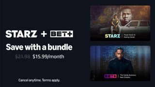 An advertising poster detailing the new Starz and BET Plus streaming bundle on Prime Video