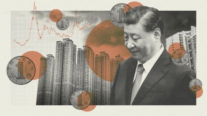 Photo composite of Xi Jinping, 1 yuan coins and real estate