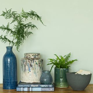 A row of ceramic vases filled with green foliage on top of a wooden surface. The wall behind is painted pale green