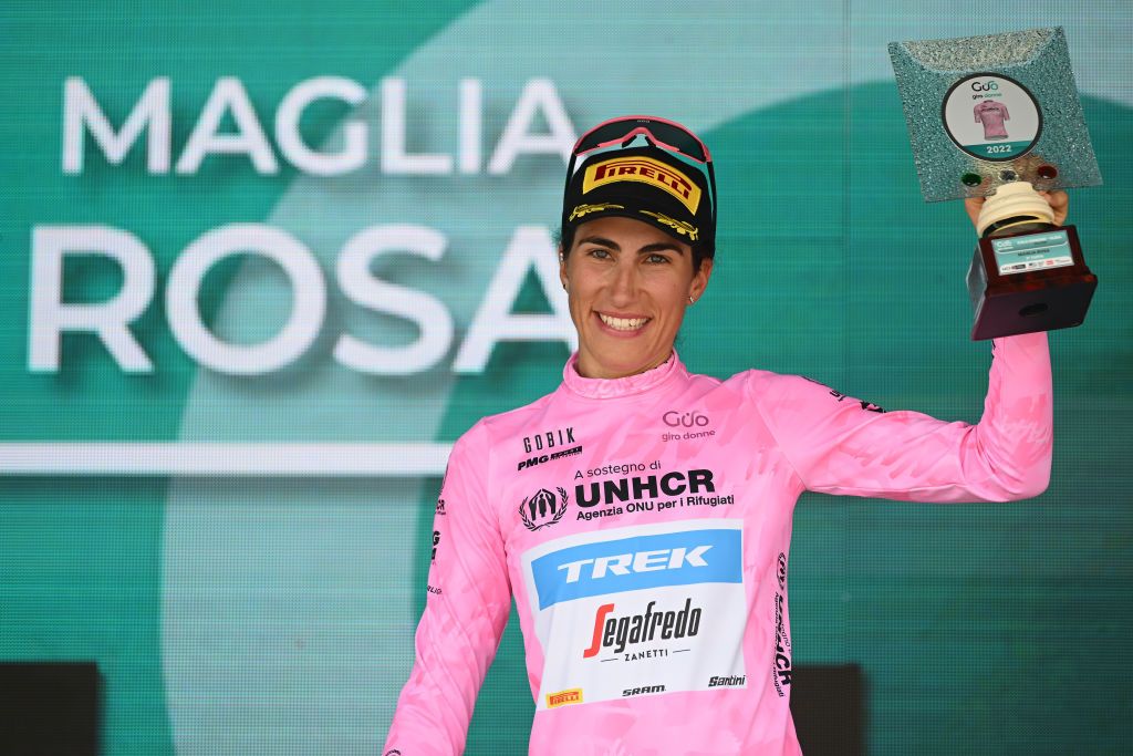 OLBIA ITALY JULY 02 Elisa Balsamo of Italy and Team Trek Segafredo Pink Leader Jersey celebrates at podium during the 33rd Giro dItalia Donne 2022 Stage 3 a 1134km stage from Cala Gonone to Olbia GiroDonne UCIWWT on July 02 2022 in Olbia Italy Photo by Dario BelingheriGetty Images