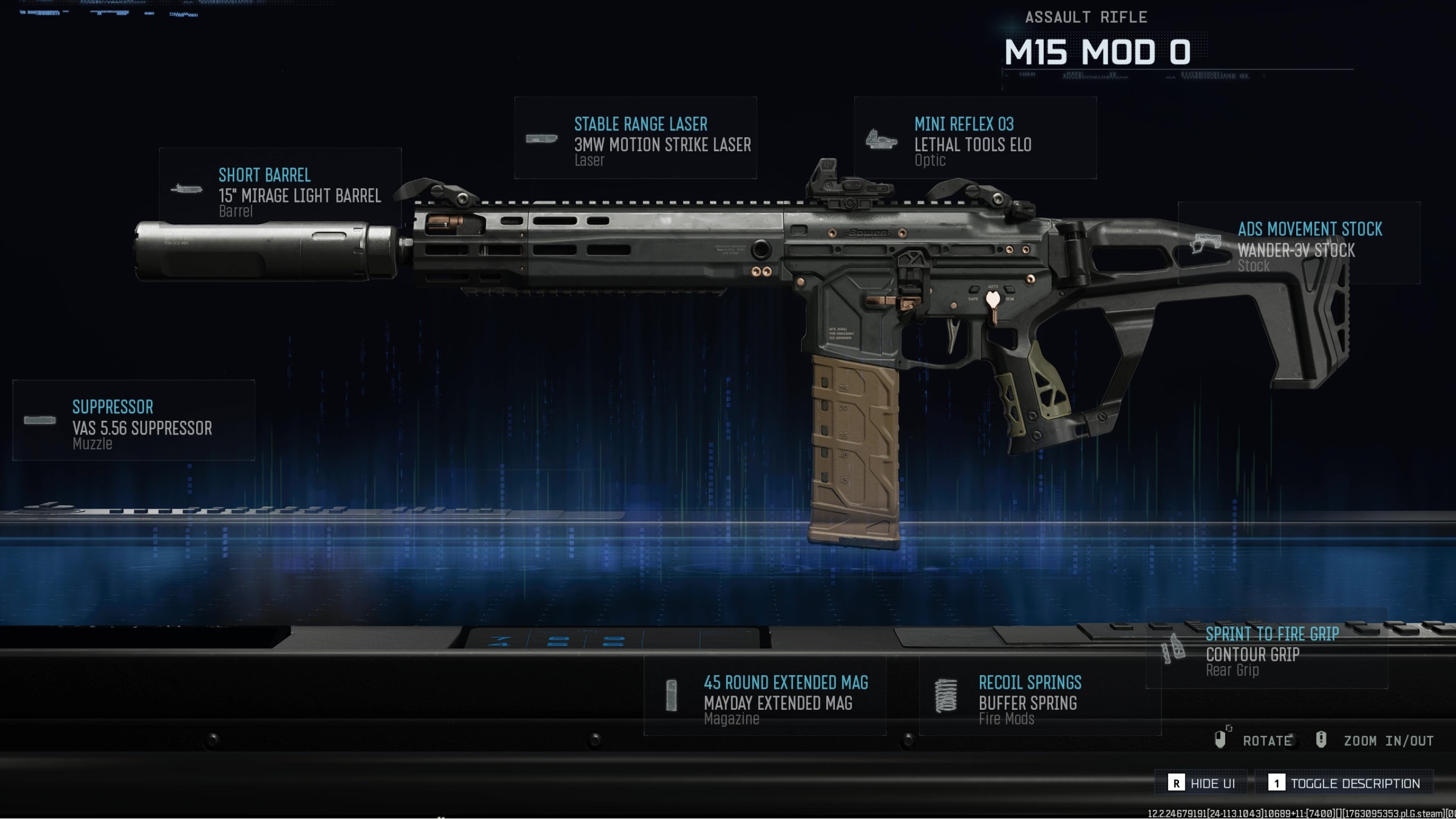 BO7 M15 loadout: The M15 MOD 0 assault rifle in the build preview screen, showing the attachments currently equipped on the gun.
