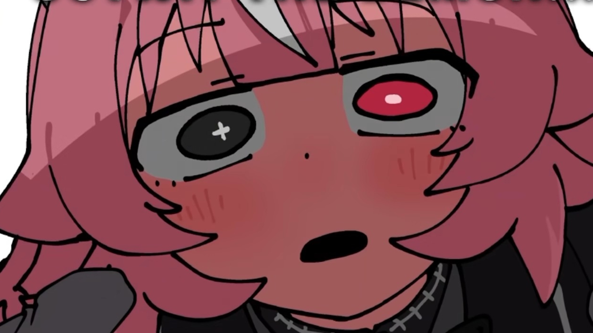 Drunken Goddess Reflux demon girl with pink hair and black-and-pink odd eyes