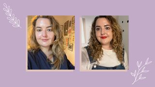 Beauty editor Rhiannon Derbyshire tests light therapy for acne, this collage two shots of her with clear skin - one with, one without makeup