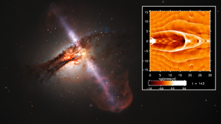 (Main) an illustration of the jets of a supermassive black hole that could act as the "heart and lungs" of a galaxy; (inset) A simulation showing this galactic system at work.