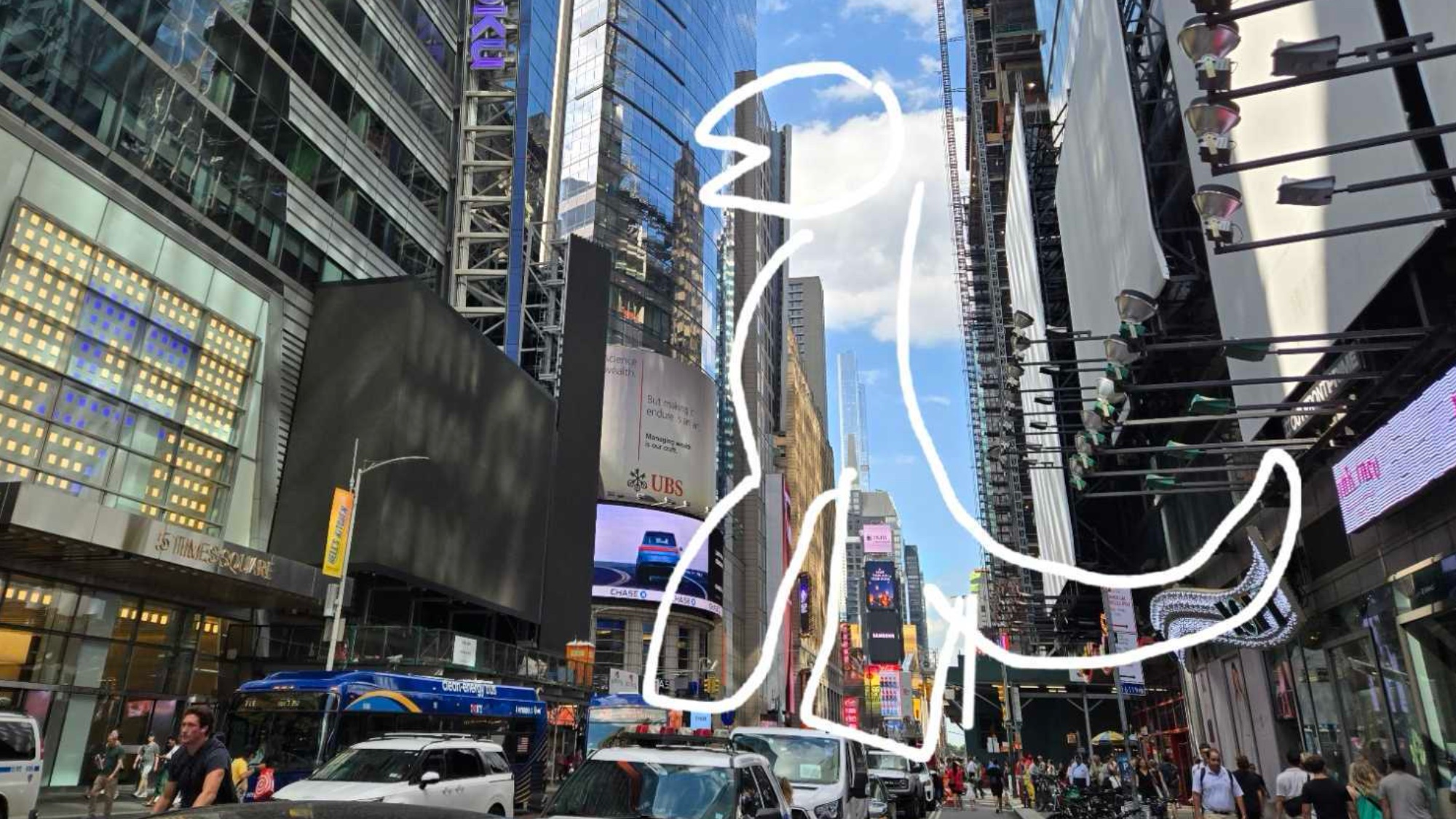 Dibujo del Samsung Galaxy Z Fold 6 representando un dinosaurio en Nueva York