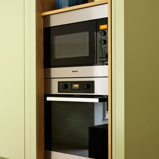 kitchen room with kitchen cabinet having microwave