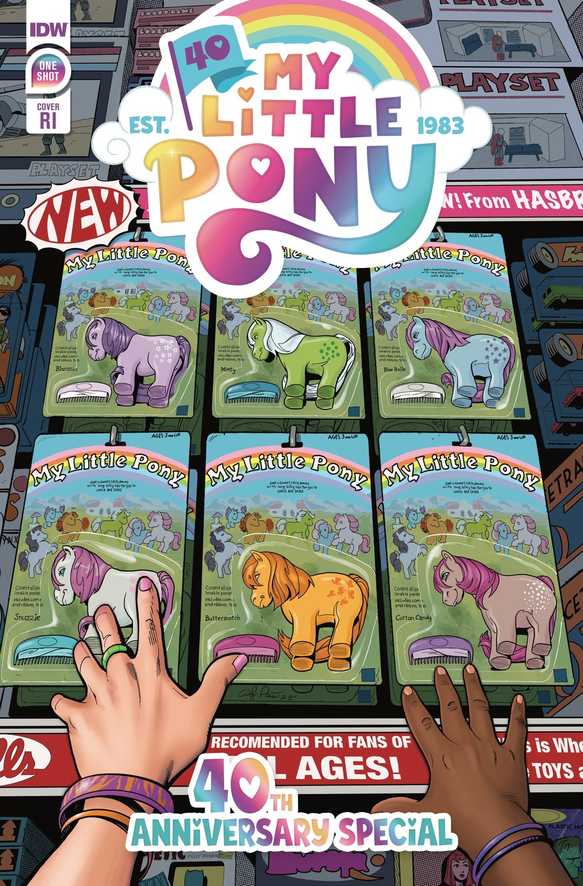 Hands reach out towards My Little Pony toys.