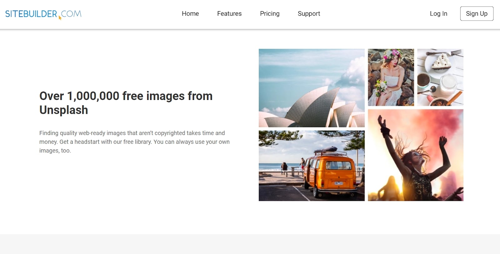 Sitebuilder's webpage promoting the tie in with Unsplash's image library