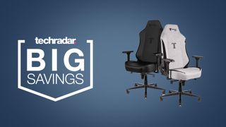 Two Secretlab gaming chairs next to Techradar big savings badge