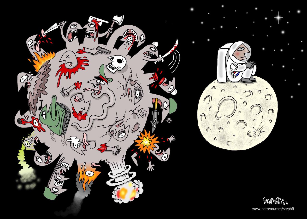 Editorial Cartoon War Conflict Terror Moon Astronaut