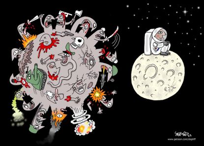 Editorial Cartoon War Conflict Terror Moon Astronaut