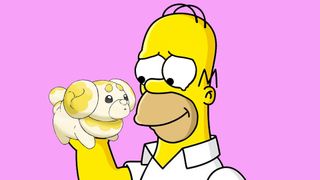 Homer holding Fidough up like a donut