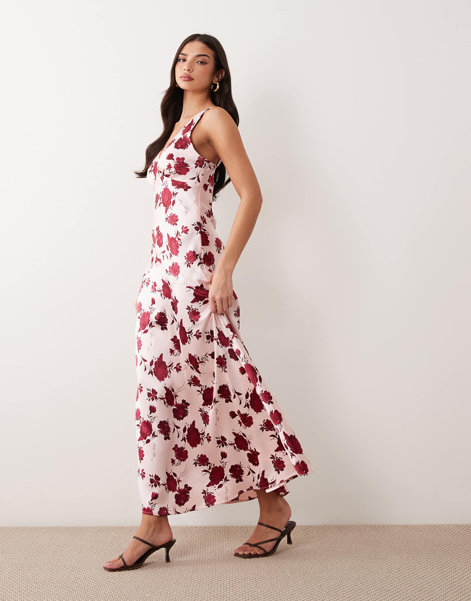 Gina Tricot Sleeveless Satin Maxi Dress in Pink Flower Print
