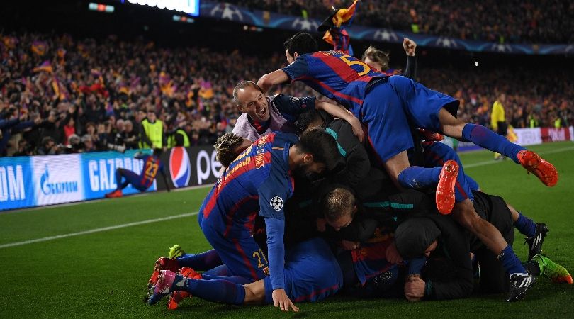 Barcelona players celebrate their epic comeback win against Paris Saint-Germain in the Champions League in March 2017.