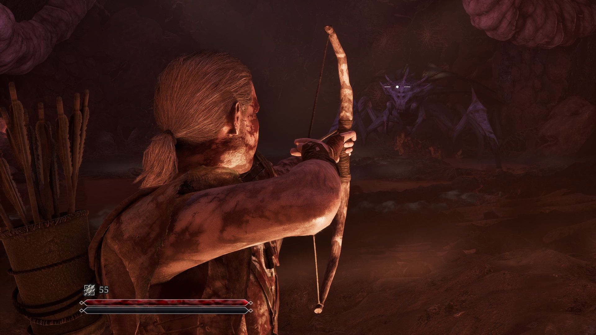 A blood-covered man aims an arrow at a minecrawler queen