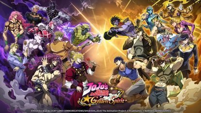 A press shot for JoJo's Bizarre Adventure Golden Spirit codes showing a large number of character facing off from side to side