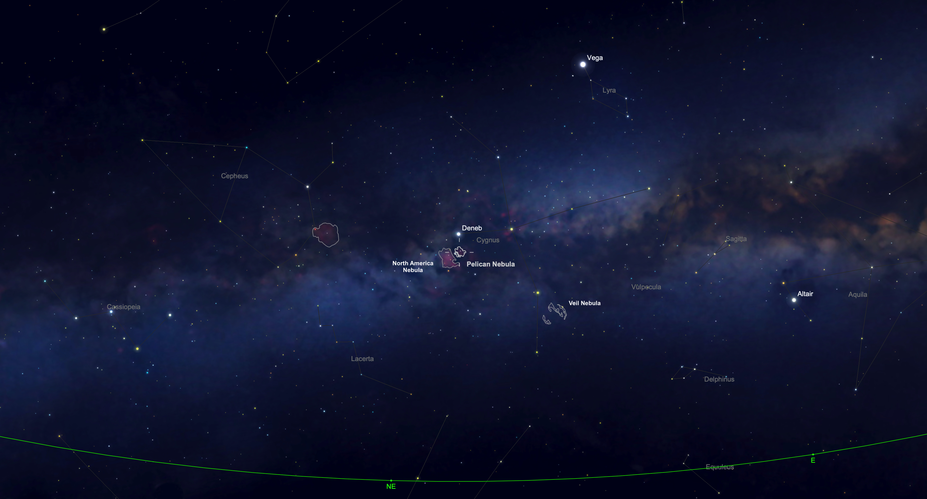 Star chart showing the Milky Way and several nebulas near the constellation Cygnus.
