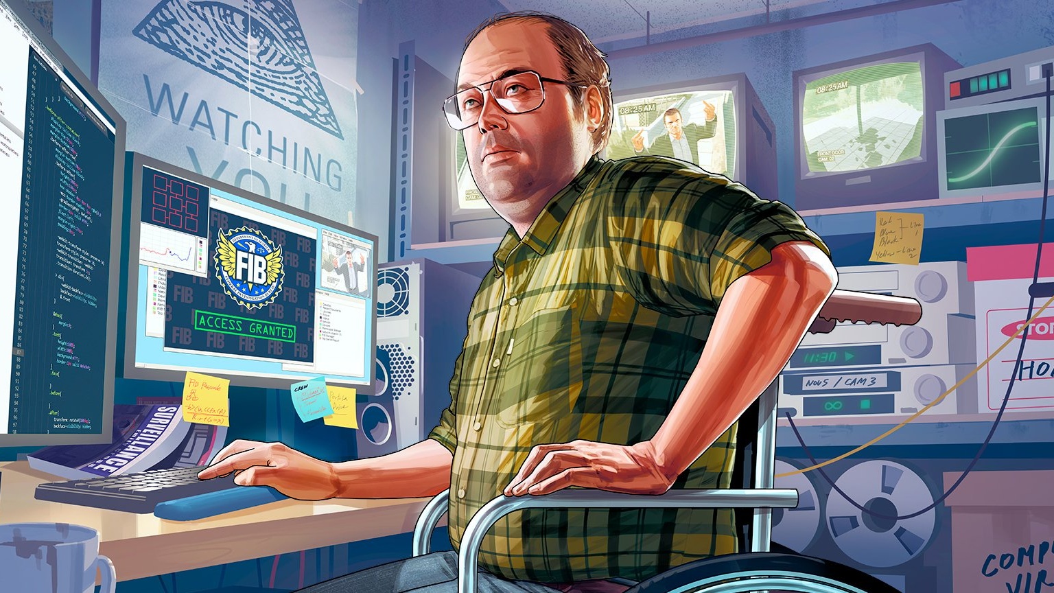 An image of Lester from GTA 5, surrounded by hardware.