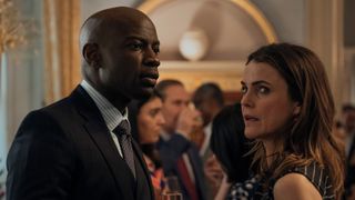 David Gyasi as Austin Dennison, Keri Russell as Kate Wyler in episode 203 of The Diplomat season 2