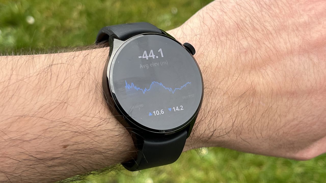 The Xiaomi Watch S1 Pro showing metrics from a workout, against a green background