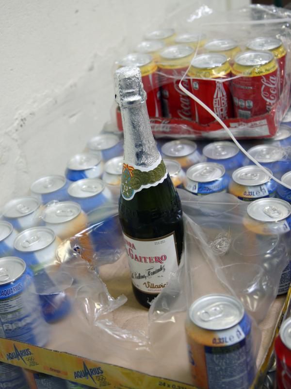 This bottle of champagne was tucked away with the rest of the team's various fizzy beverages.