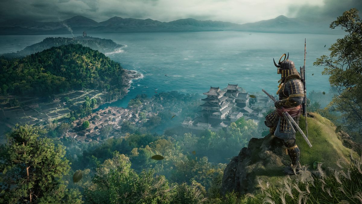 Assassin&#039;s Creed Shadows review gameplay showing Yasuke overlooking the sea and lush green scenery