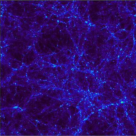 This animation shows the distribution of the dark matter, obtained from a numerical simulation, at a redshift z~2, or when the Universe was about 3 billion years old.