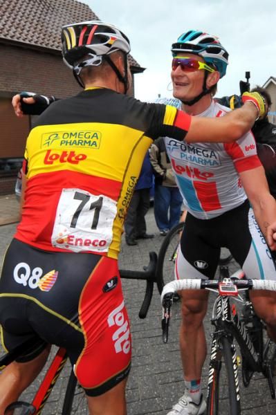 Philippe Gilbert congratulates teammate Andre Greipel after his sprint victory.