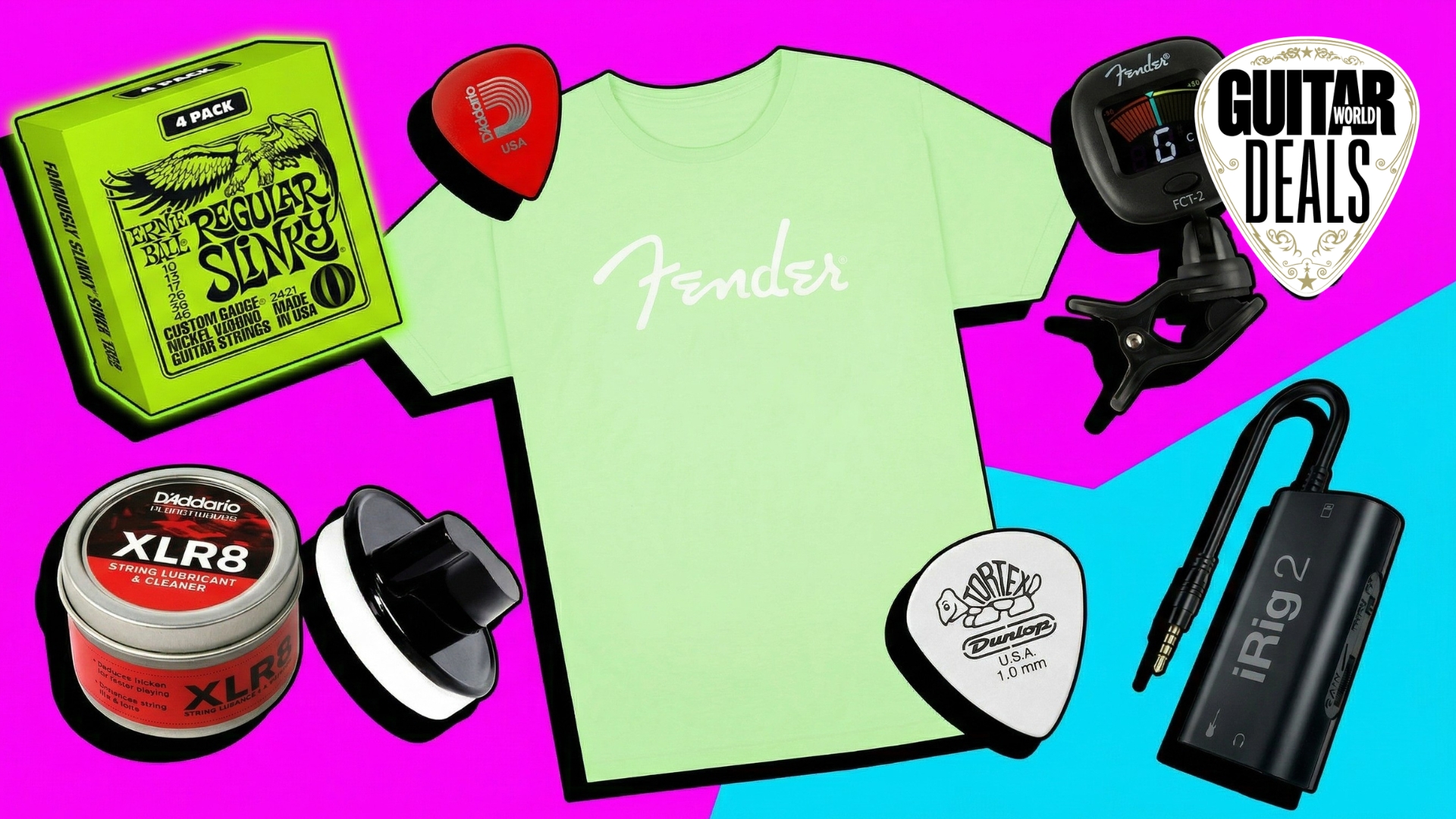 A selection of guitar accessories on a cartoon style background