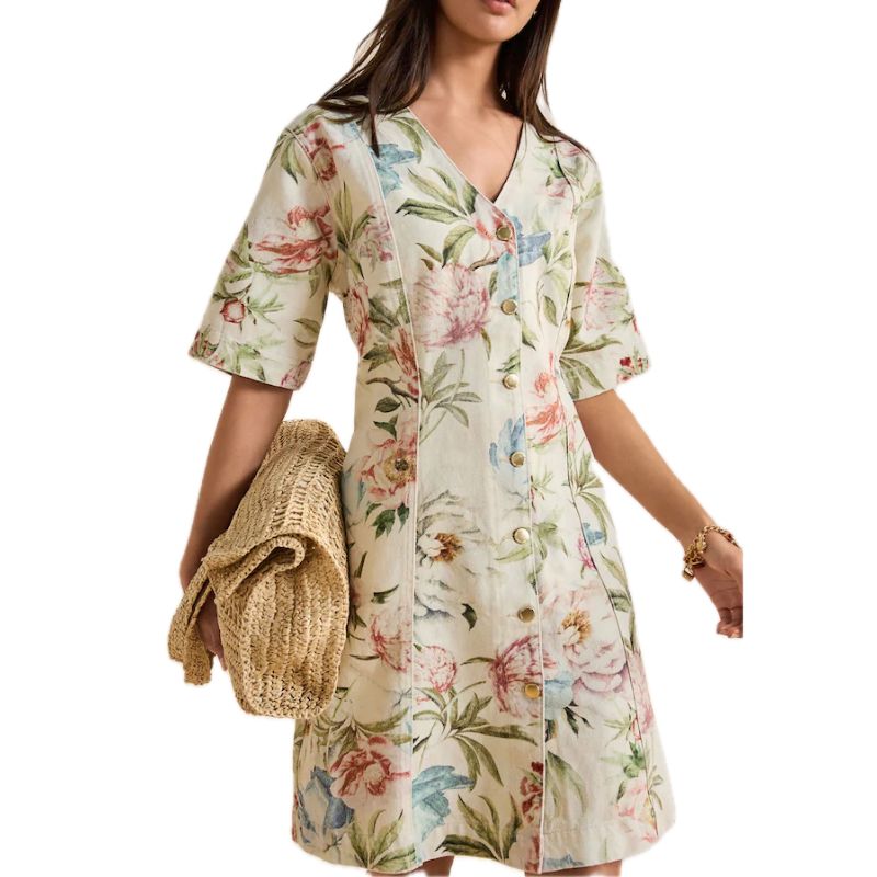 Next , Floral Printed V-Neck Cotton Denim Dress