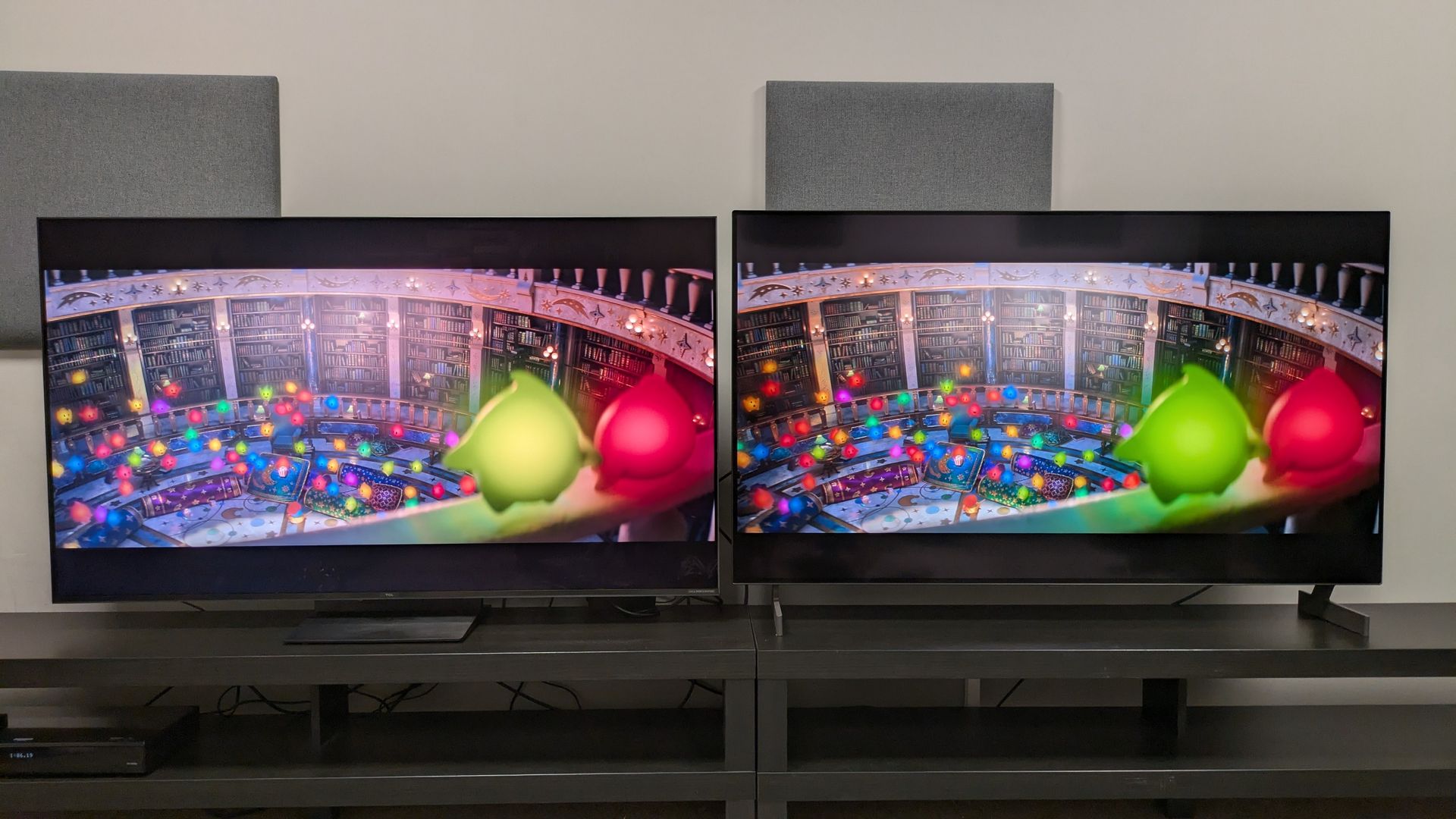 TCL C7L (left) vs LG B6E (right) with shot of Lumas from the super mario galaxy movie
