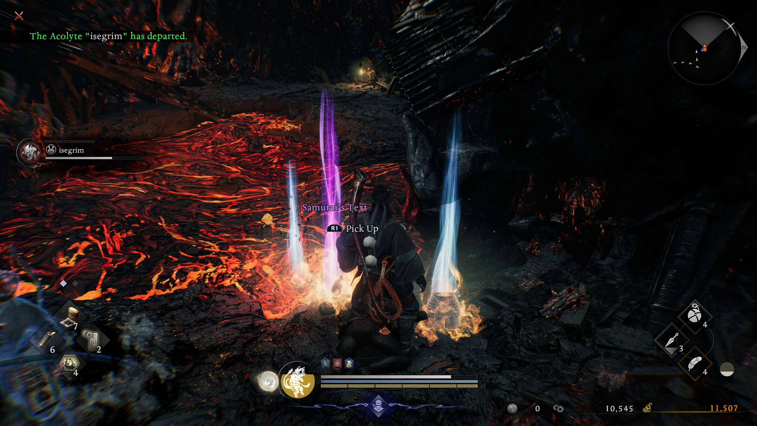 Nioh 3 skill capacity: A player looking at a Samurai's Text on the ground next to a pool of lava.