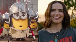 Minions and Zoey Deutch in a side-by-side photo.