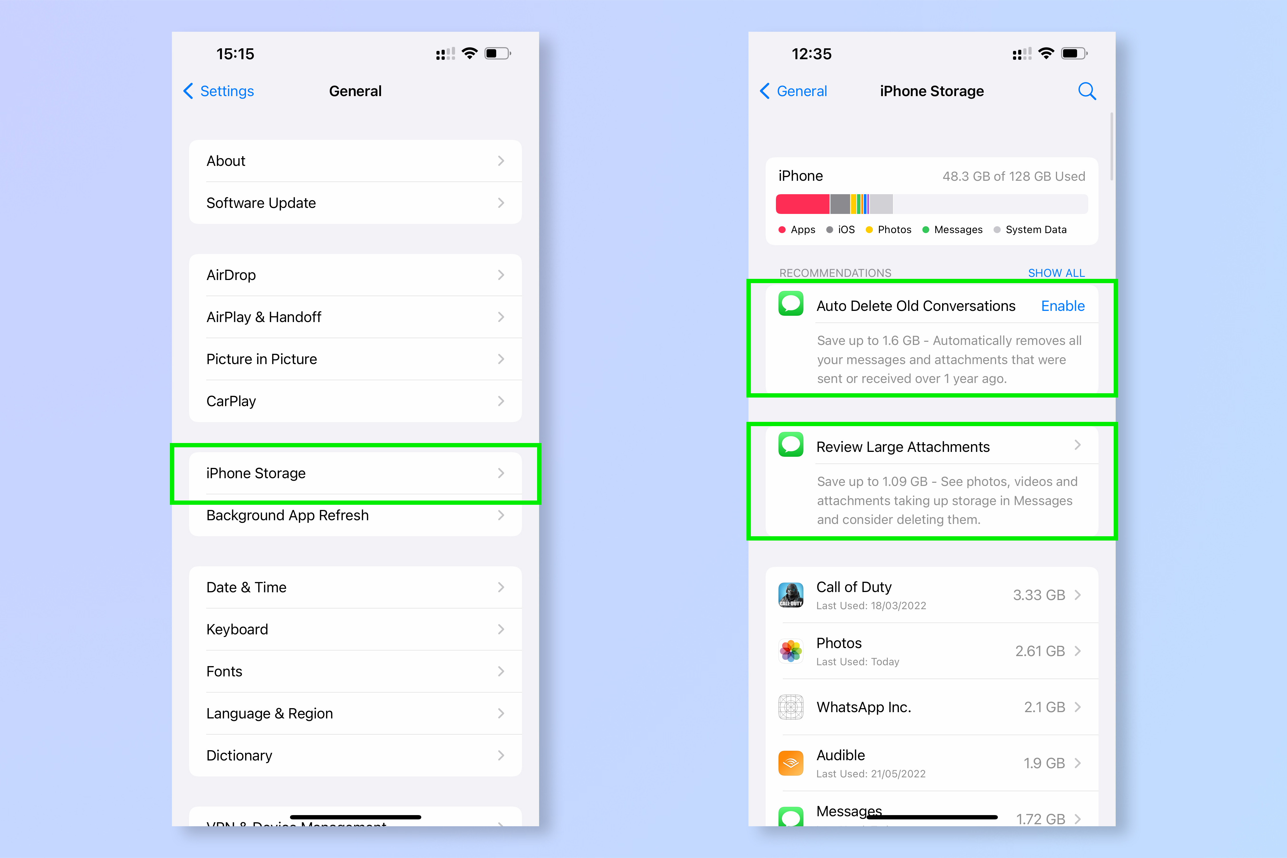 Screenshots showing the steps for freeing up storage on iPhone
