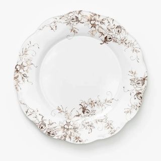 Melamine white round plate with brown floral details