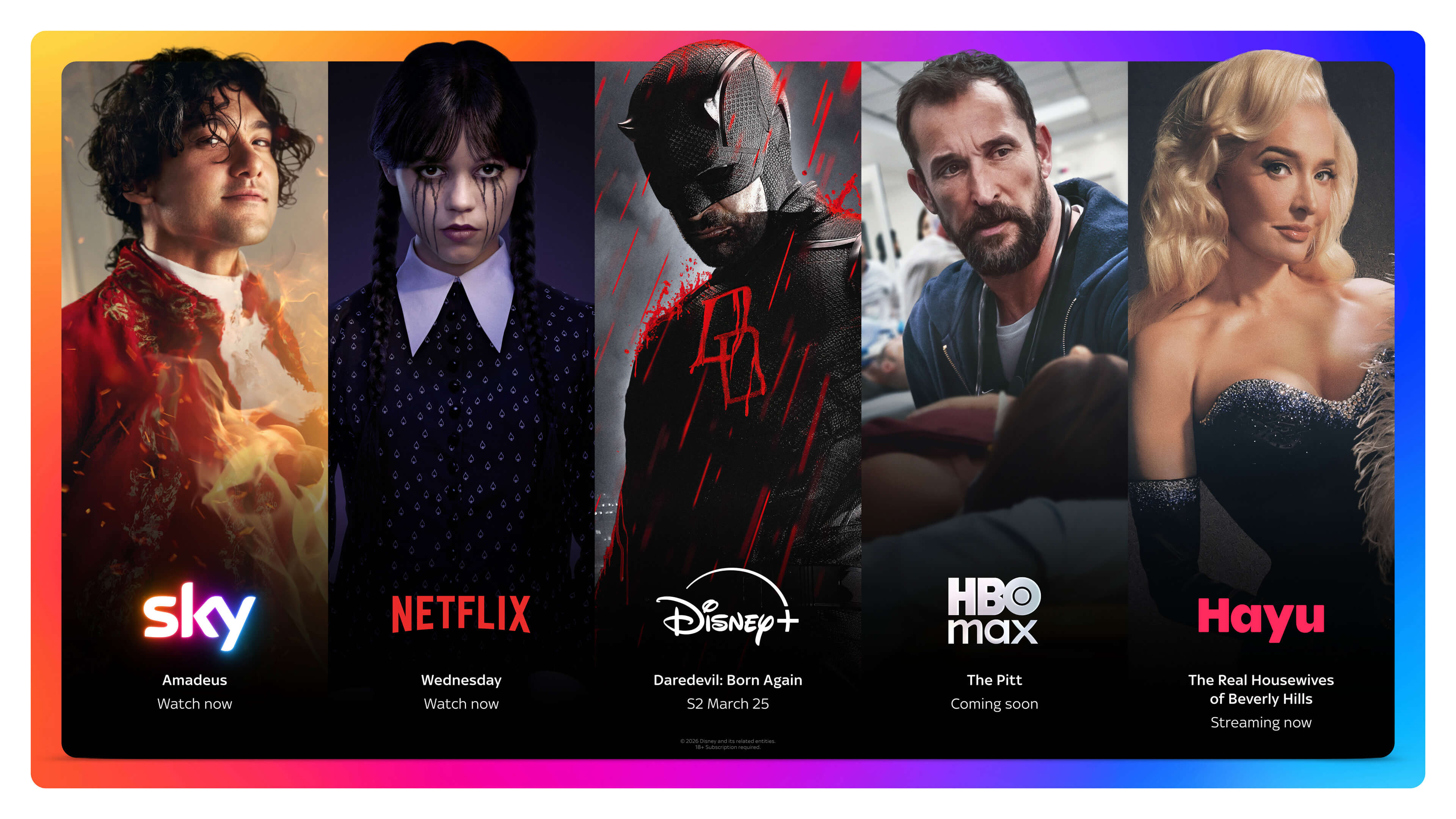 Sky, Netflix, Disney+, HBO Max and Hayu streaming services represented side by side on a colourful background