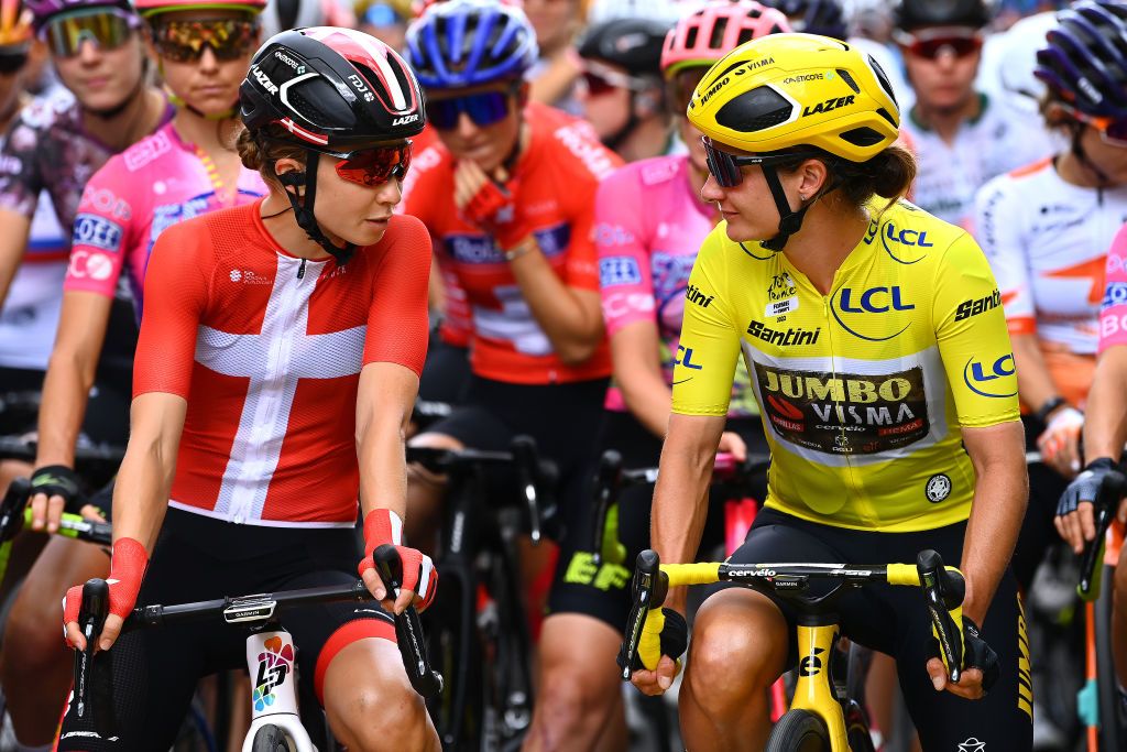 BARSURAUBE FRANCE JULY 27 LR Cecilie Uttrup Ludwig of Denmark and Team Fdj Nouvelle Aquitaine Futuroscope and Marianne Vos of Netherlands and Jumbo Visma Women Team yellow leader jersey prior to the 1st Tour de France Femmes 2022 Stage 4 a 1268km stage from Troyes to BarSurAube TDFF UCIWWT on July 27 2022 in BarsurAube France Photo by Tim de WaeleGetty Images