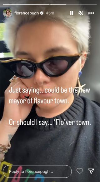 Florence Pugh took a selfie with her platinum blonde hair, the caption says "Just saying..could be the new mayor of flavour town. Or should I say...'Flo'ver town.